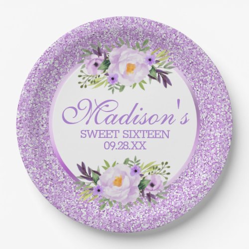 Trendy Glitter Purple Floral Sweet 16 Paper Plates