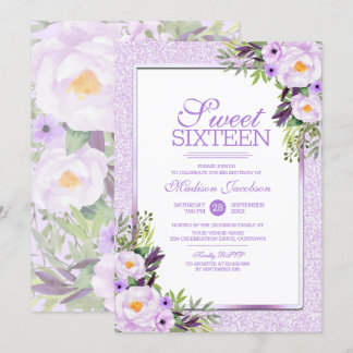 Trendy Glitter Purple Floral Sweet 16 Party Invitation
