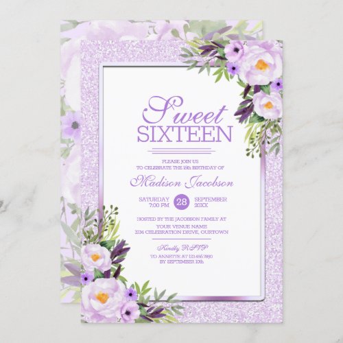 Trendy Glitter Purple Floral Sweet 16 Party Invitation