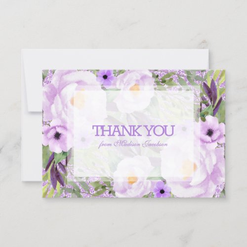 Trendy Glitter Purple Floral Sweet 16 Thank You