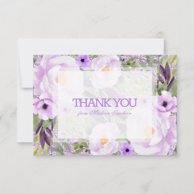 Trendy Glitter Purple Floral Sweet 16 Thank You Card (Front)