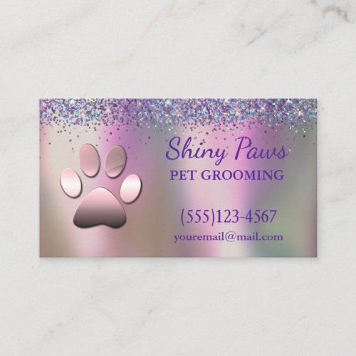 Trendy Glitter Shimmer Dog Paw Grooming Service Business Card