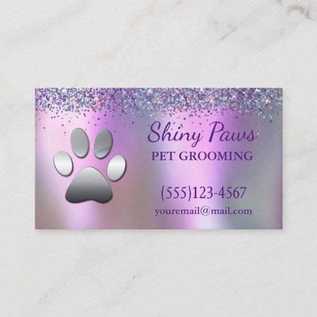 Trendy Glitter Shimmer Dog Paw Grooming Service Business Card