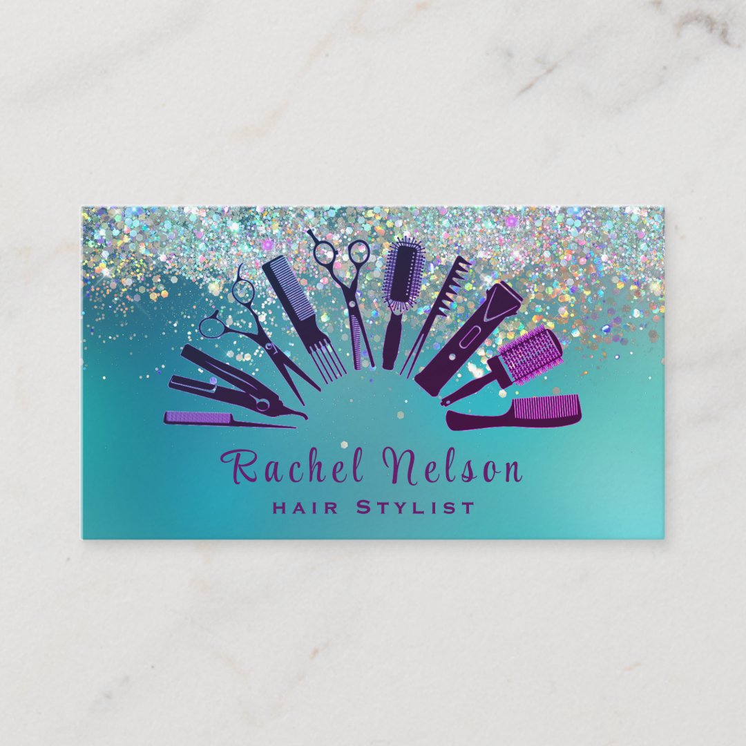 Trendy Glitter Sparkle Hair stylist Salon Tools Business Card Zazzle