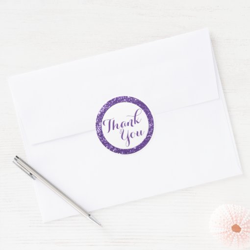 Trendy Glitter Thank You Stickers:Purple Classic Round Sticker | Zazzle