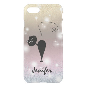 Trendy glittery holographic colorful black cat iPhone SE/8/7 case