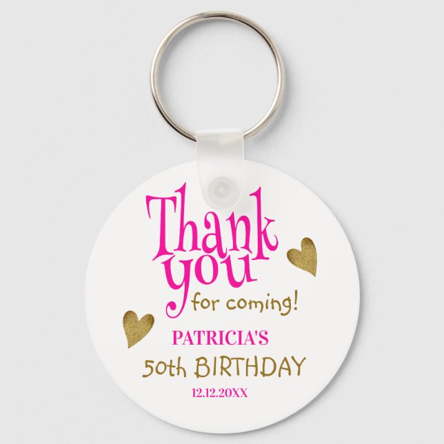 Trendy Gold 50th Birthday Pink Thank You Favor     Keychain (Front)