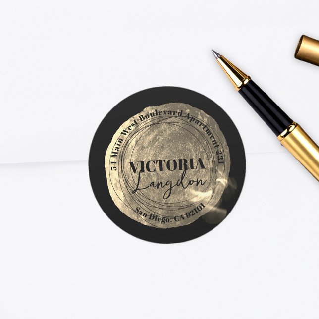 Trendy Gold and Black Round Return Address Label (Creator Uploaded)