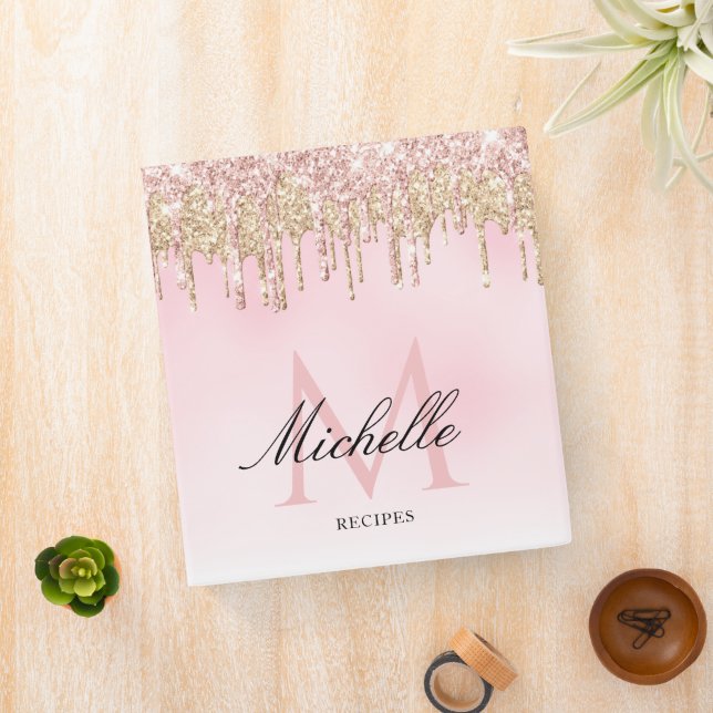 trendy gold and pink glitter monogram recipe 3 ring binder (In Situ)