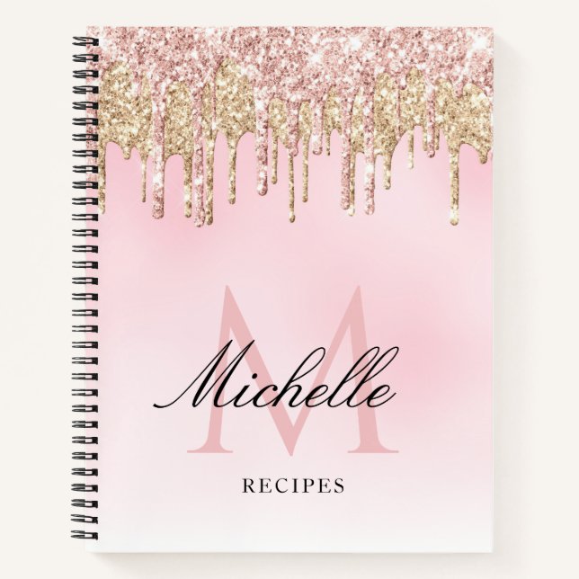 trendy gold and pink glitter monogram recipe book (Front)