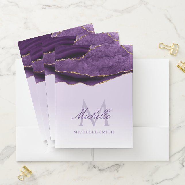 trendy gold and purple agate monogram pocket folder (In Situ)