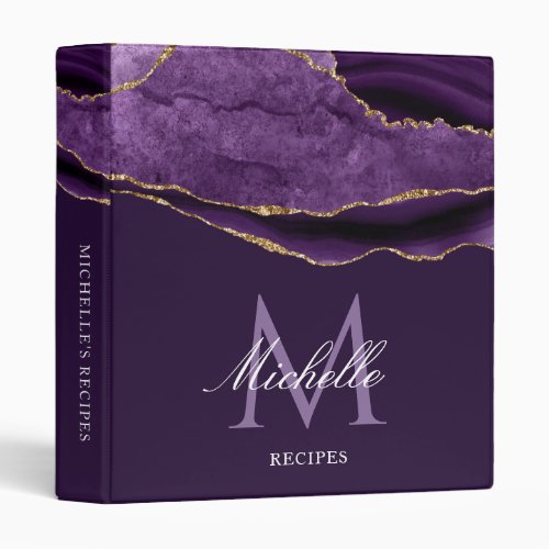 trendy gold and purple agate monogram recipe 3 ring binder