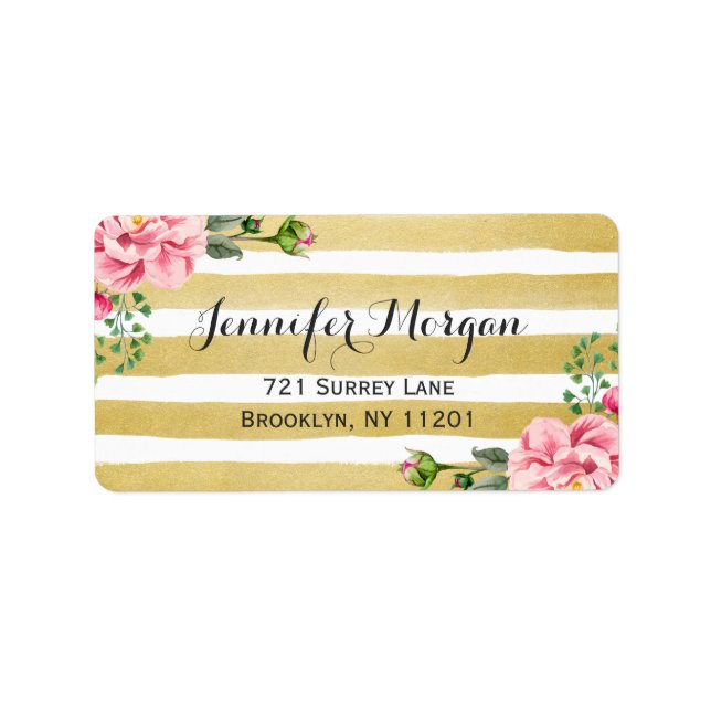Trendy Gold and White Stripes Watercolor Floral Label (Front)