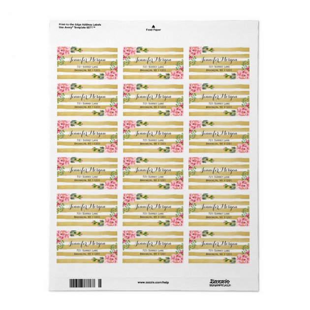 Trendy Gold And White Stripes Watercolor Floral Label