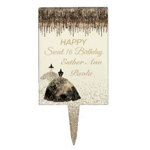 Trendy Gold BallGown Sweet 16 Birthday Spark Drips Cake Topper