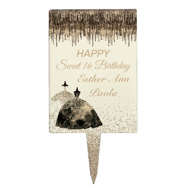 Trendy Gold BallGown Sweet 16 Birthday Spark Drips Cake Topper (Front)