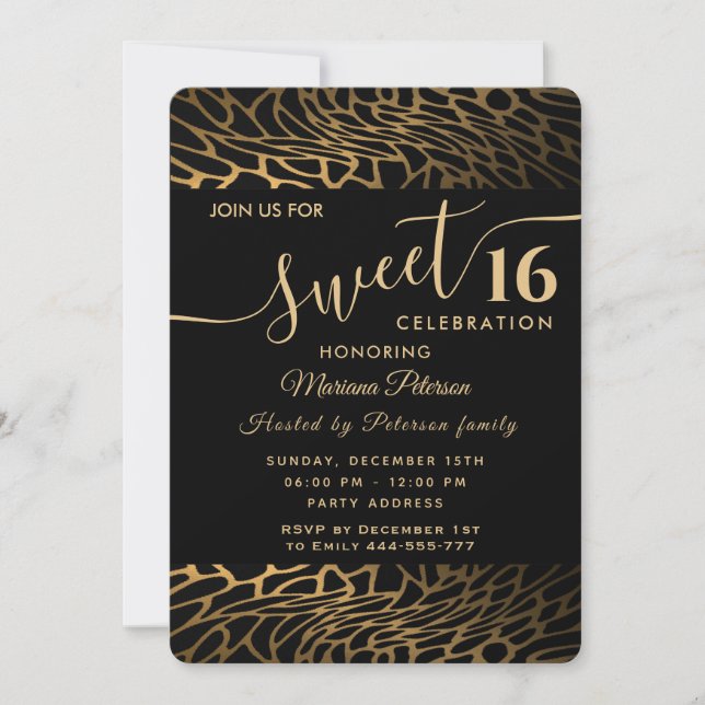 Trendy gold black abstract leopard sweet 16  invitation (Front)