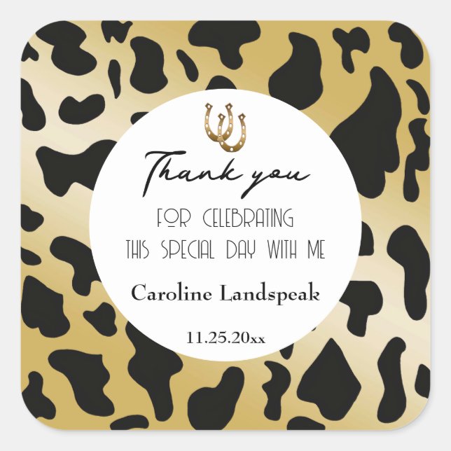 Trendy Gold Black Cow Spots Thank You Square Sticker (Front)