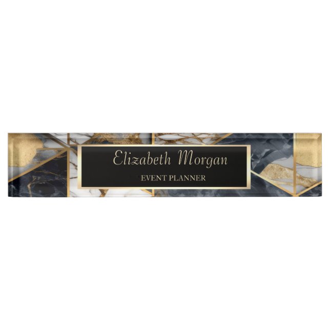 Trendy Gold Black Geometric Marble Pattern Desk Name Plate (Front)