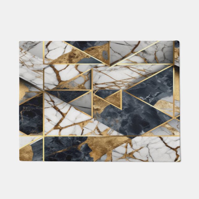 Trendy Gold Black Geometric Marble Pattern Doormat (Front)