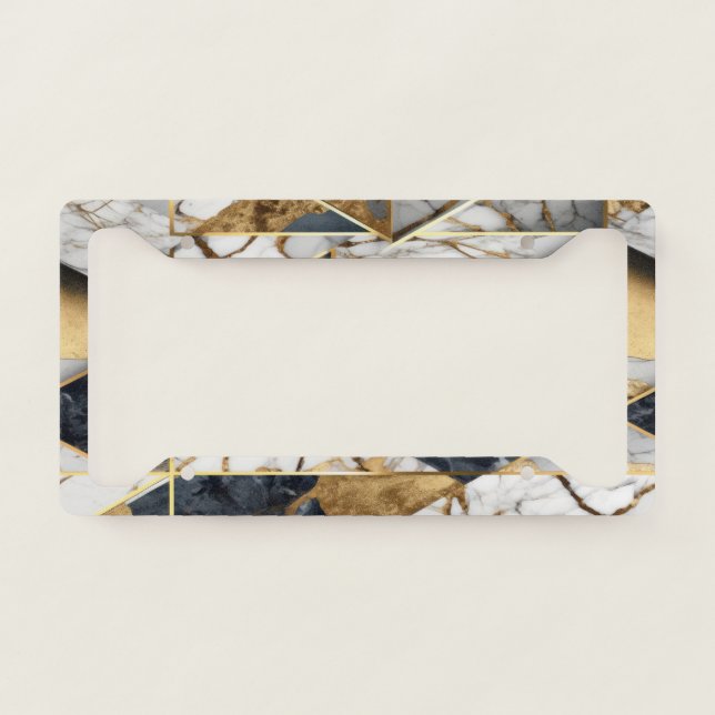 Trendy Gold Black Geometric Marble Pattern License Plate Frame (Front)