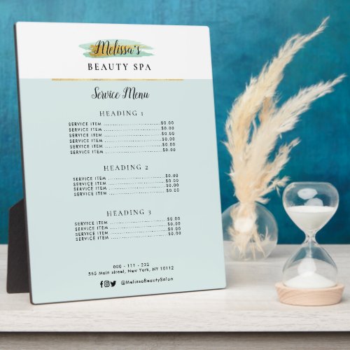 trendy gold blue beauty spa service menu plaque