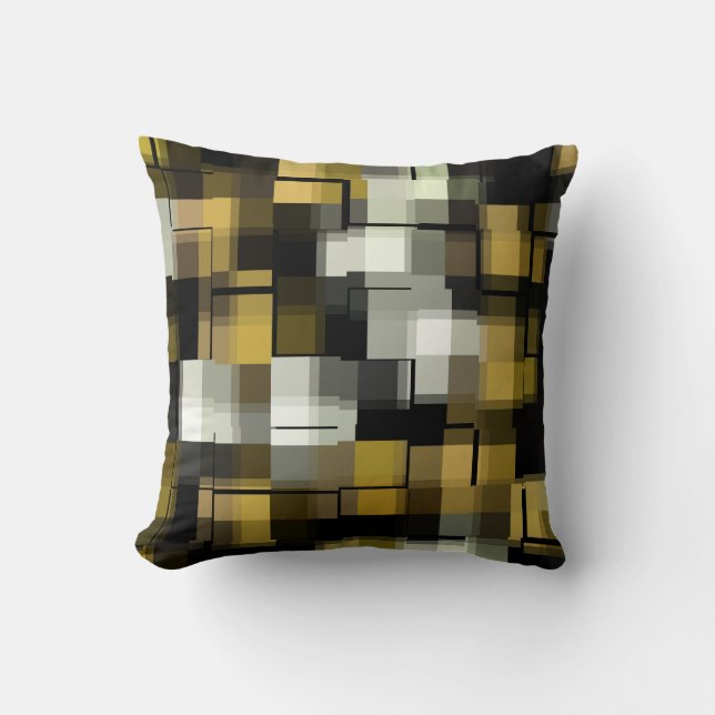 Trendy Gold Blue Black White Abstract Plaid Throw Pillow (Front)