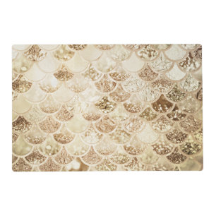 Trendy Gold Blush Ombre Glitter Mermaid Fish Scale Placemat