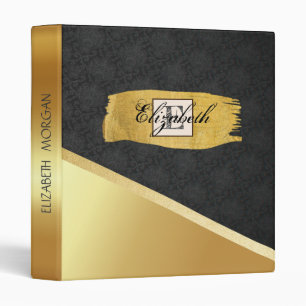 Trendy Gold Brush Stroke,Black Damask, Monogram 3 Ring Binder