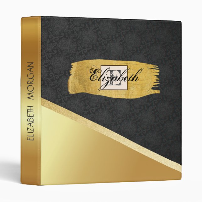 Trendy Gold Brush Stroke,Black Damask, Monogram 3 Ring Binder (Front/Spine)