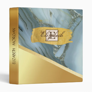 Trendy Gold Brush Stroke, Blue Marble, Monogram 3 Ring Binder