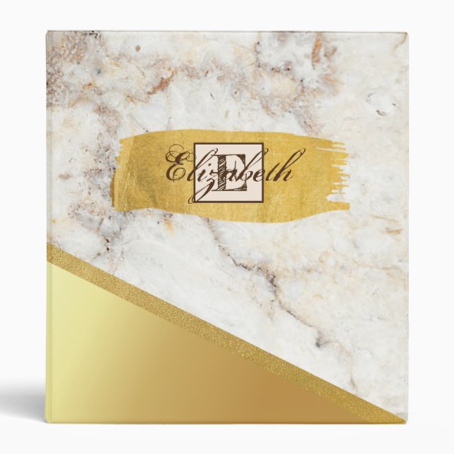 Trendy Gold Brush Stroke,Marble, Monogram 3 Ring Binder (Front)