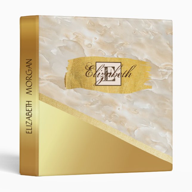 Trendy Gold Brush Stroke, Marble, Monogram 3 Ring Binder (Front/Spine)