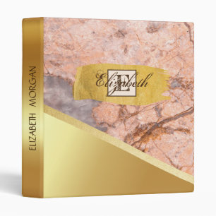 Trendy Gold Brush Stroke, Marble Stone, Monogram 3 Ring Binder