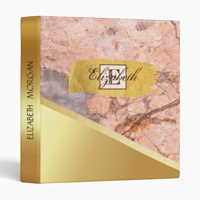 Trendy Gold Brush Stroke, Marble Stone, Monogram 3 Ring Binder (Front/Spine)