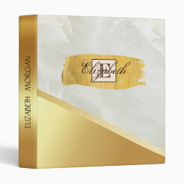 Trendy Gold Brush Stroke, White Marble, Monogram 3 Ring Binder
