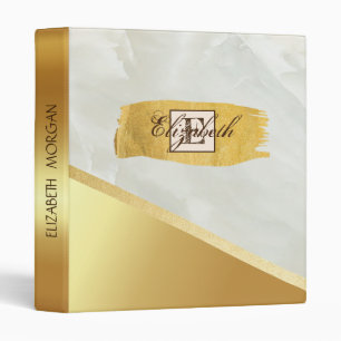 Trendy Gold Brush Stroke, White Marble, Monogram 3 Ring Binder