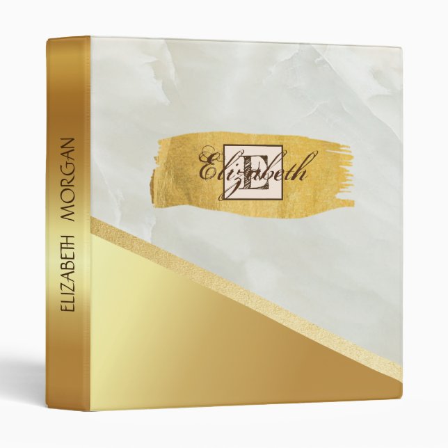 Trendy Gold Brush Stroke, White Marble, Monogram 3 Ring Binder (Front/Spine)