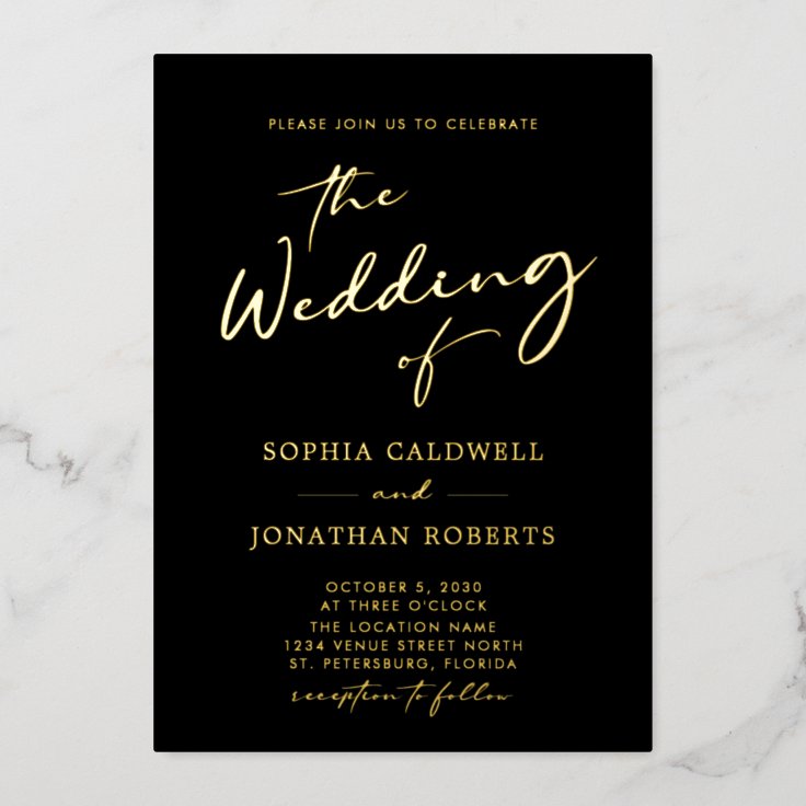 Trendy Gold Calligraphy on Black Wedding Foil Invitation | Zazzle