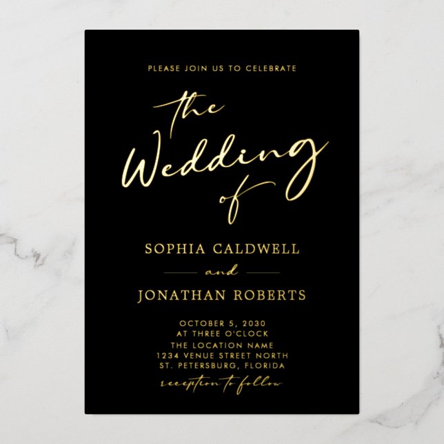 Trendy Gold Calligraphy on Black Wedding Foil Invitation (Front)