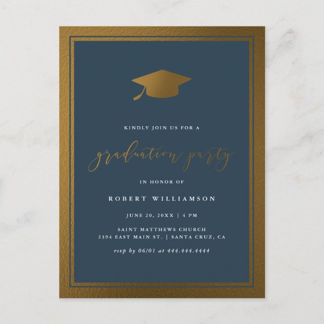 Trendy Gold Cap & Navy Graduation Party Invitation Postcard (Front)