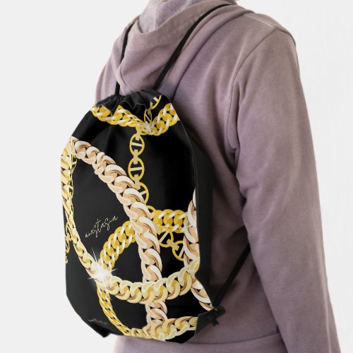 Trendy Gold Chains Black Drawstring Backpack