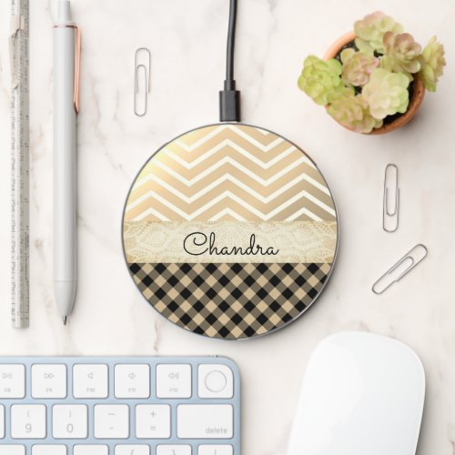 Trendy Gold Chevron Gingham     Wireless Charger