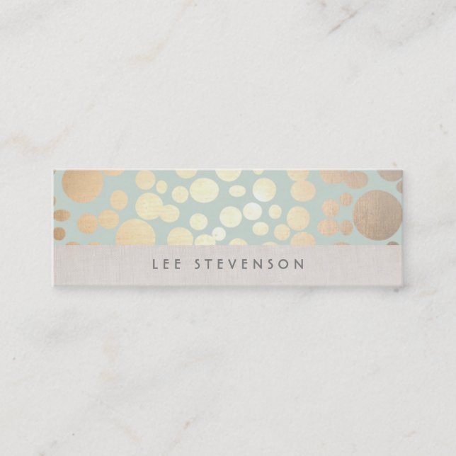 Trendy Gold Circles Pale Turquoise Linen Look Mini Business Card (Front)