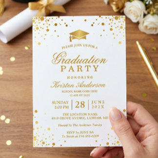 Trendy Gold Confetti Dots Graduation Party Photo Invitation