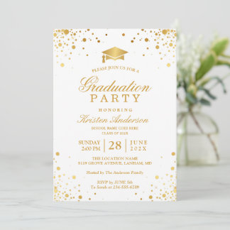 Trendy Gold Confetti Dots Graduation Party Photo Invitation