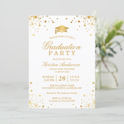 Trendy Gold Confetti Dots Graduation Party Photo Card