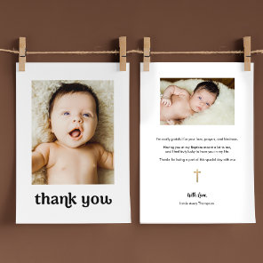 Trendy Gold cross Modern 2 Baby Photos Baptism Thank You Card