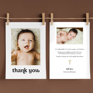 Trendy Gold cross Modern 2 Baby Photos Baptism Thank You Card