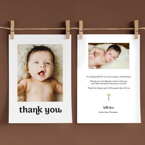 Trendy Gold cross Modern 2 Baby Photos Baptism Thank You Card